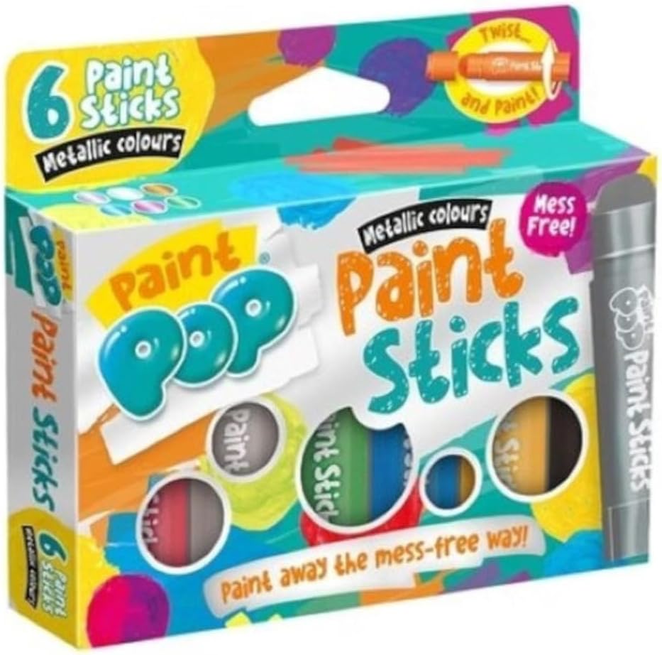 Paint Pop Paint Sticks For Kids - 6 Pack Metallic Assorted Colours - Twist & Paint, Mess-Free, Fast Drying Action, Easy Clean Up, Vibrant Colours, Multi-Surface