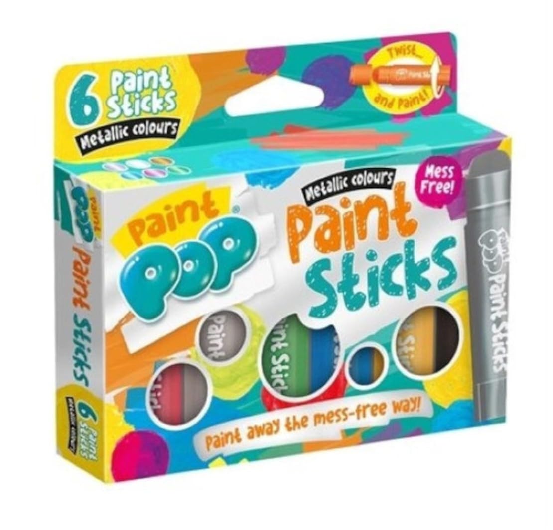 Paint Pop Paint Sticks For Kids - 6 Pack Metallic Assorted Colours - Twist & Paint, Mess-Free, Fast Drying Action, Easy Clean Up, Vibrant Colours, Multi-Surface