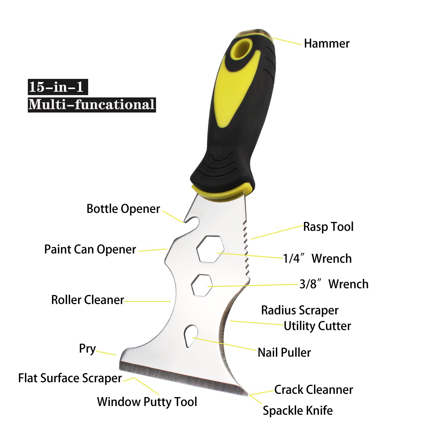 Multi-Painter's Stainless Steel Tool Spealloy Paint Scraper, Taping knife,3 in. Putty knife 15-in-1 Paint Scraper Hammer Head Soft Grip Handle Fixed Multi-Tool for Wood, Wallpaper Grout