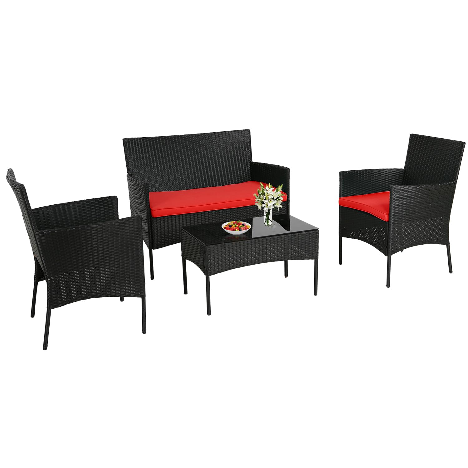 Dopinmin 4 Piece Rattan Set Patio Furniture Set Bistro Set Conversation Outdoor Furniture Set with Chairs Coffee Table Cushions for Patio Lawn Garden Balcony Poolside, Red