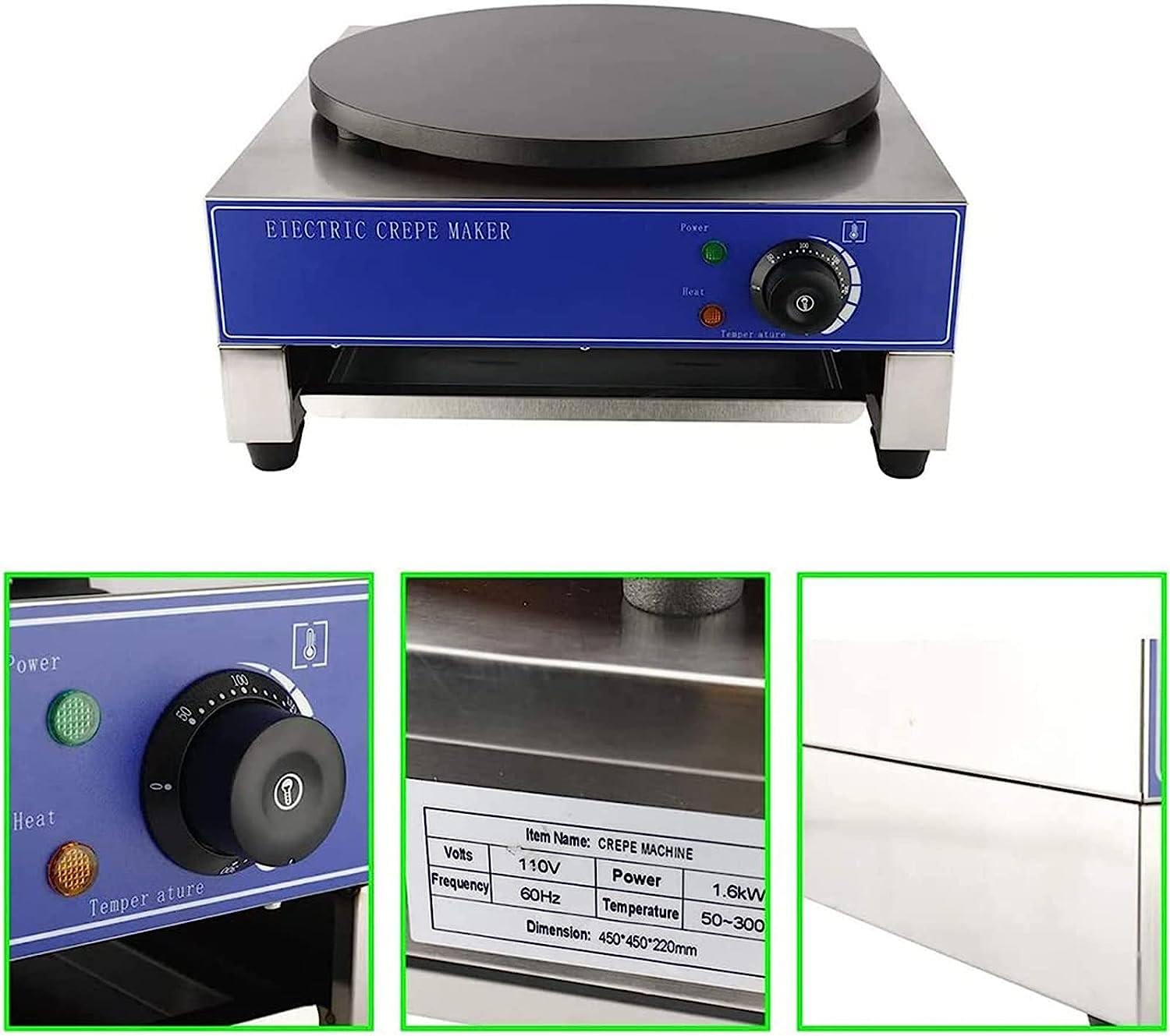 Crepera Profesional Electrica, Dispositivo Profesional, crepera, 45 cm (15.7 Pulgadas), Temperatura Ajustable, para Crepes Dulces, Galletas saladas, Tortitas y Tortitas,110V