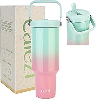 Vista 1 de Vaso de 40 onzas con tapa y pajilla, de acero inoxidable aislado al vacío con popote abatible y asa superior, botella de agua aislada reutilizable