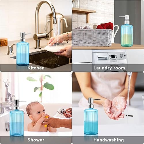 Miniatura 5 de Dispensador de jabón de vidrio, botella de vidrio transparente acanalado de 17 onzas con bomba de acero inoxidable 304, dispensador de jabón