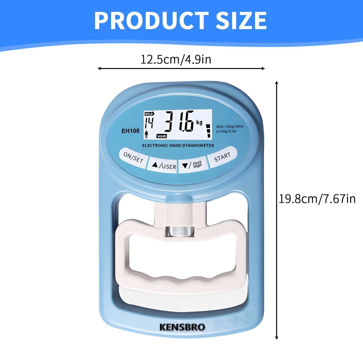 Cyfrowy miernik siły ręcznej 120 kg/264 lb, dynamometr cyfrowy, elektroniczny dynamometr ręczny, elektroniczny uchwyt, ekran LED, dynamometr z kablem USB do ładowania