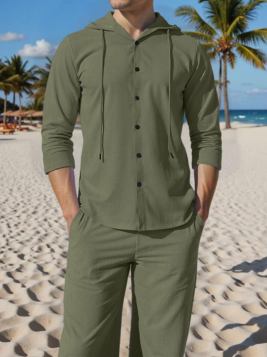 Ensemble Chemise Pantalon Homme Texturé Leger Vetement Casual Chic Ete Survêtement Tenue De Sport Ample Confortable Costume Maison