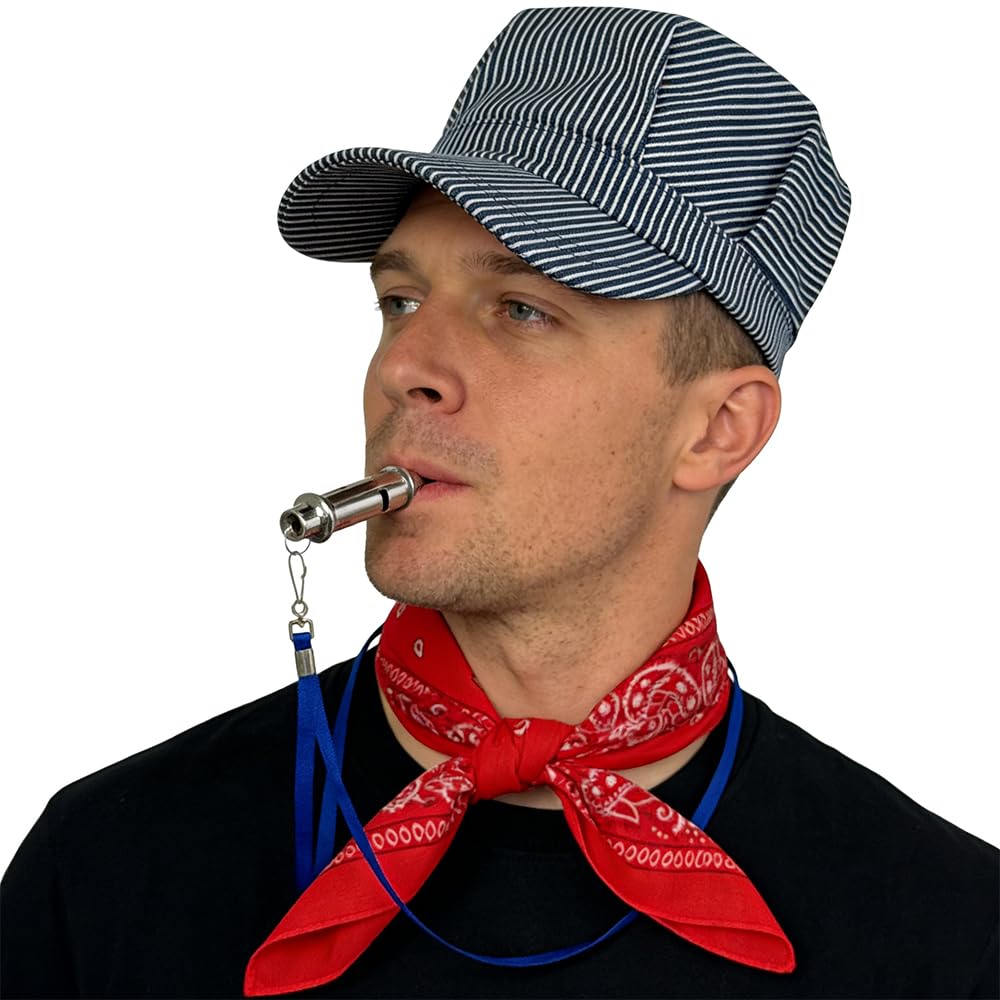 UGKIamous Train Conductor Hat Adult and Paisley Bandana Train Whistle 3Pcs-Halloween Train Conductor Costume Set,Engineer Driver Hat Decorations for Cosplay,Party,Masquerade,Christmas