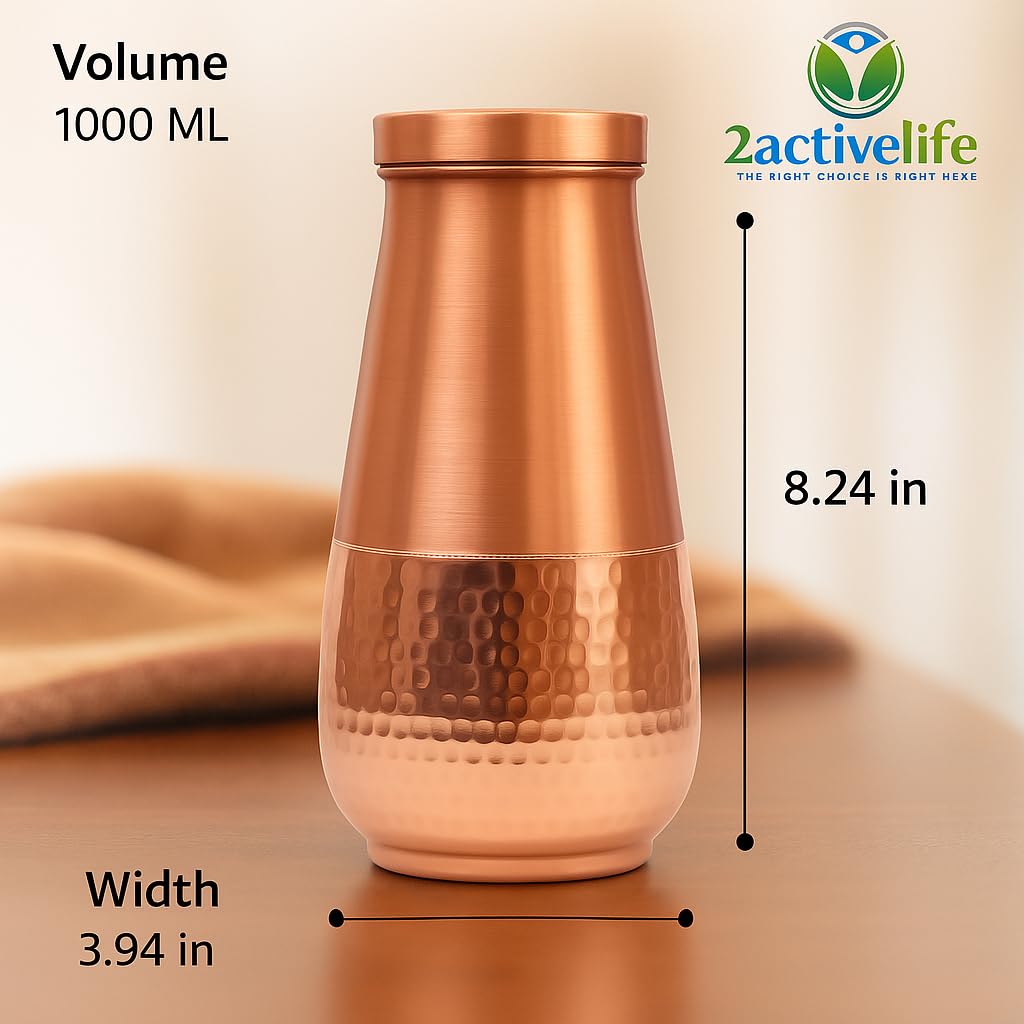 Trinkflasche aus reinem Kupfer, 1000 ml (1 Liter) Nachttischkaraffe mit halbgehämmertem Waben-Design für ayurvedische gesundheitliche Vorteile, auslaufsicher und leicht zu reinigen
