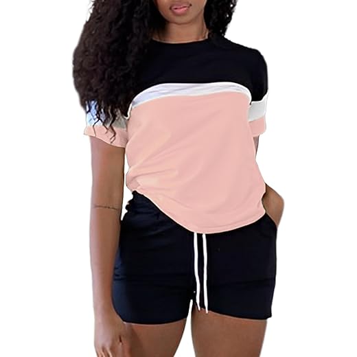LovelyWholesale 2 Piece Outfits Sets: Pink Women's Two Piece Short Set Summer Color Block Outfit Short Sleeve Tracksuit