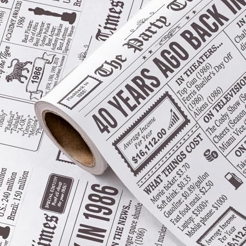 WRAPAHOLIC Kraft 40th Birthday Wrapping Paper Roll - Mini Roll - 17 Inch x 16.5 Feet - Back in 1986 Vintage Newspaper Kraft Wrapping Paper for 40th Birthday, Women Men Adult, Anniversary