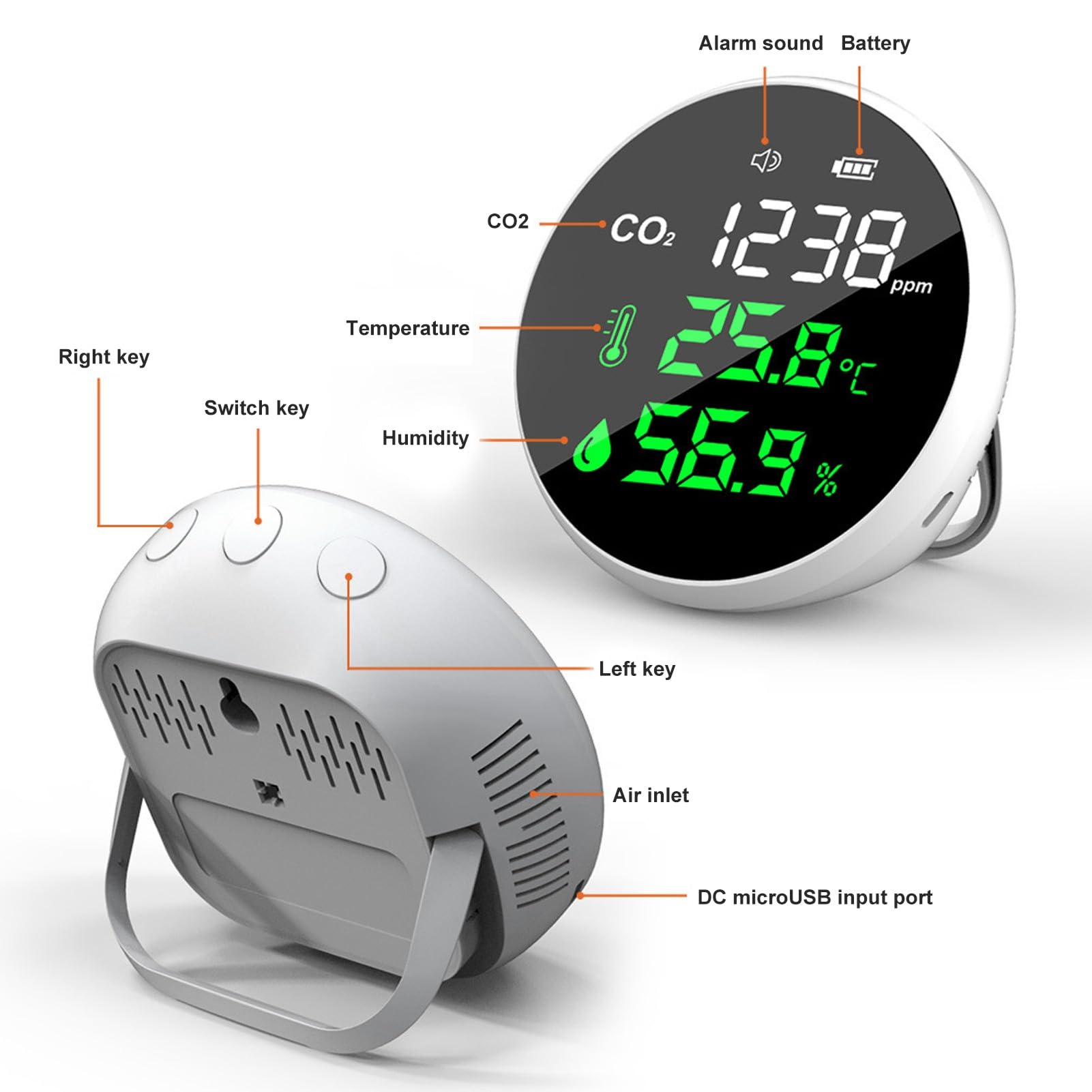 Jeffergarden Monitor de CO2 Monitor Portátil de Calidad del Aire con Carcasa de ABS Rango de 400 a 5000 PPM Temperatura Pantalla de Humedad Alarma de Voz 1000 MAh para Uso en el Hogar, Oficina,