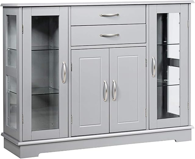 COSTWAY Buffet Sideboard, Wooden Storage Cabinet with Adjustable Shelves and 2 Glass Doors, Server Pantry Cupboard for Kitchen Living Dining Room (Grey)