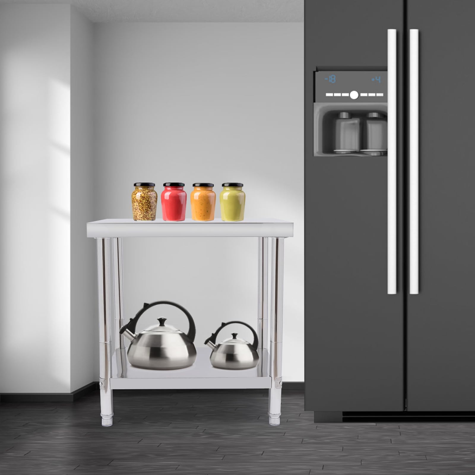 Tavolo da cucina in acciaio inox, per ristorazione, in argento, portata 400 kg, per cucina, bar, 76 x 60 x 80 cm