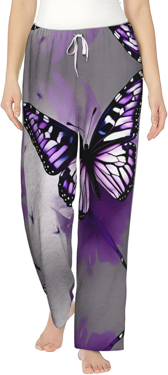 Beautiful Purple Butterfly Art Print Cozy Women'S Flannel Pajama Pants,Perfect For Christmas And Everyday Comfort