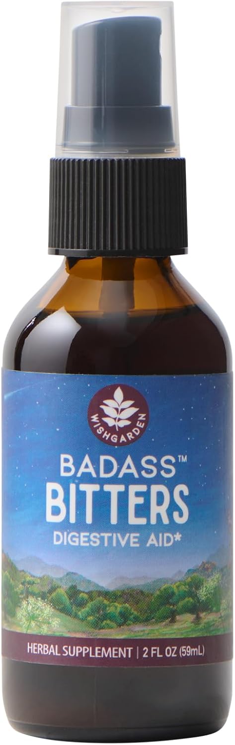 WishGarden Herbs Badass Bitters, Organic Digestive Bitters, Gentian Root & Fenugreek, Herbal Formula for Bloating & Digestion, Swedish Bitters Liquid Spray, Gluten-Free, Vegan, 2oz
