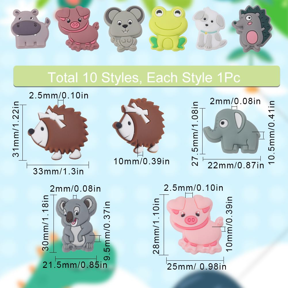 SUNNYCLUE 1 Box 10 Styles Silicone Beads Animals Cute Silicone Focal Beads Double Sided Dog Charms Frog Pig Elephant Hippo Bead Rubber Beads for Jewellery Making Kits Beading Pen Lanyards Decoration - Image 2