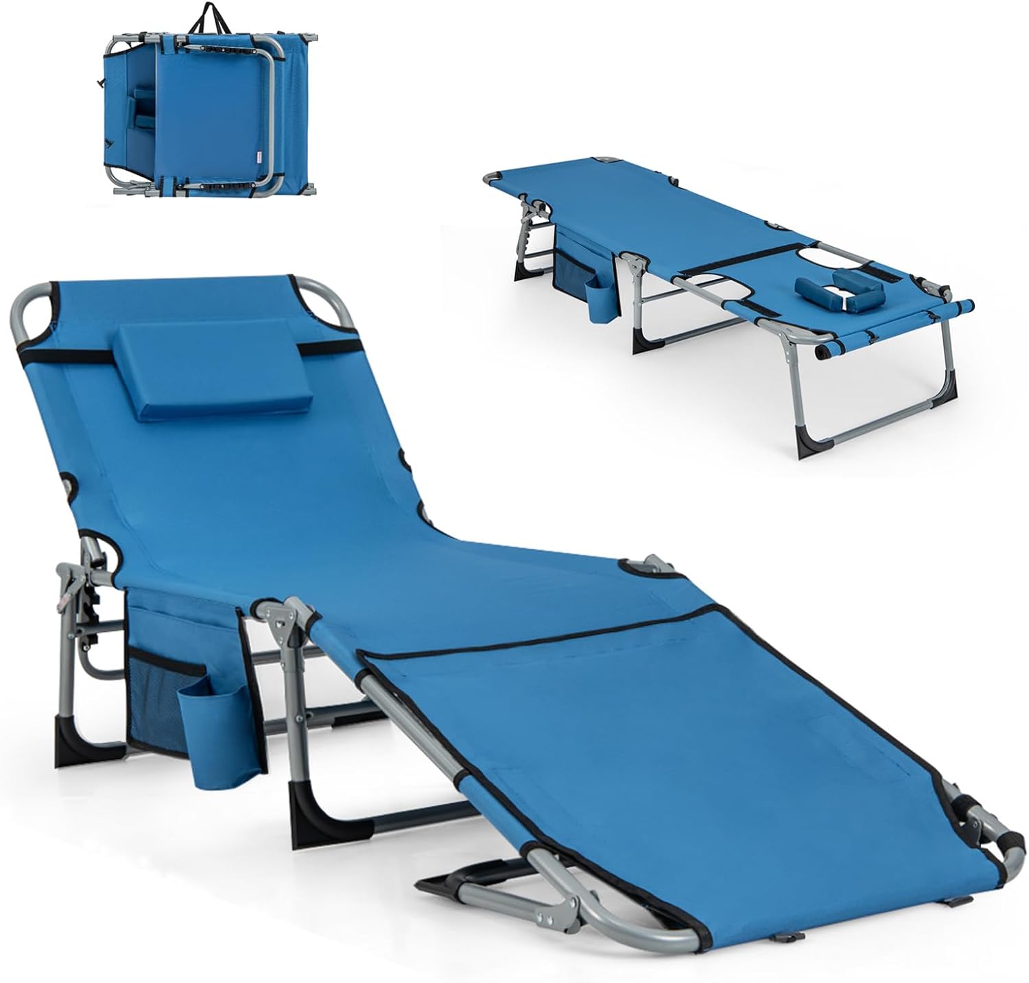 HOMGX Folding Tanning Chair, Sunbathing Lounge Chair with Face Arm Hole, Adjustable Footrest, Beach Lounger with Removable Pillow, Carry Strap, Storage Pocket, Chaise Lounge Outdoor (1, Blue)