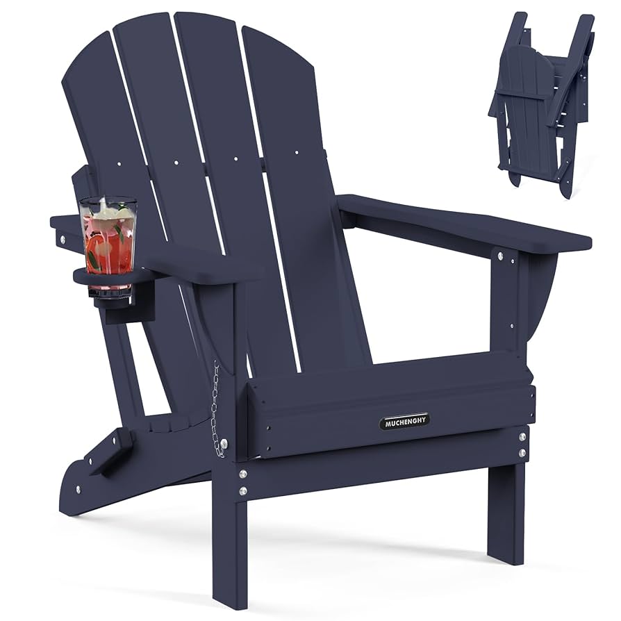MUCHENGHY Folding Adirondack Chairs, Patio Chairs, Lawn Chairs, Outdoor Chair, Adirondack Chair Plastic, Fire Pit, Weather Resistant with Cup Holder for Deck, Backyard, Garden(Dark Navy Blue)