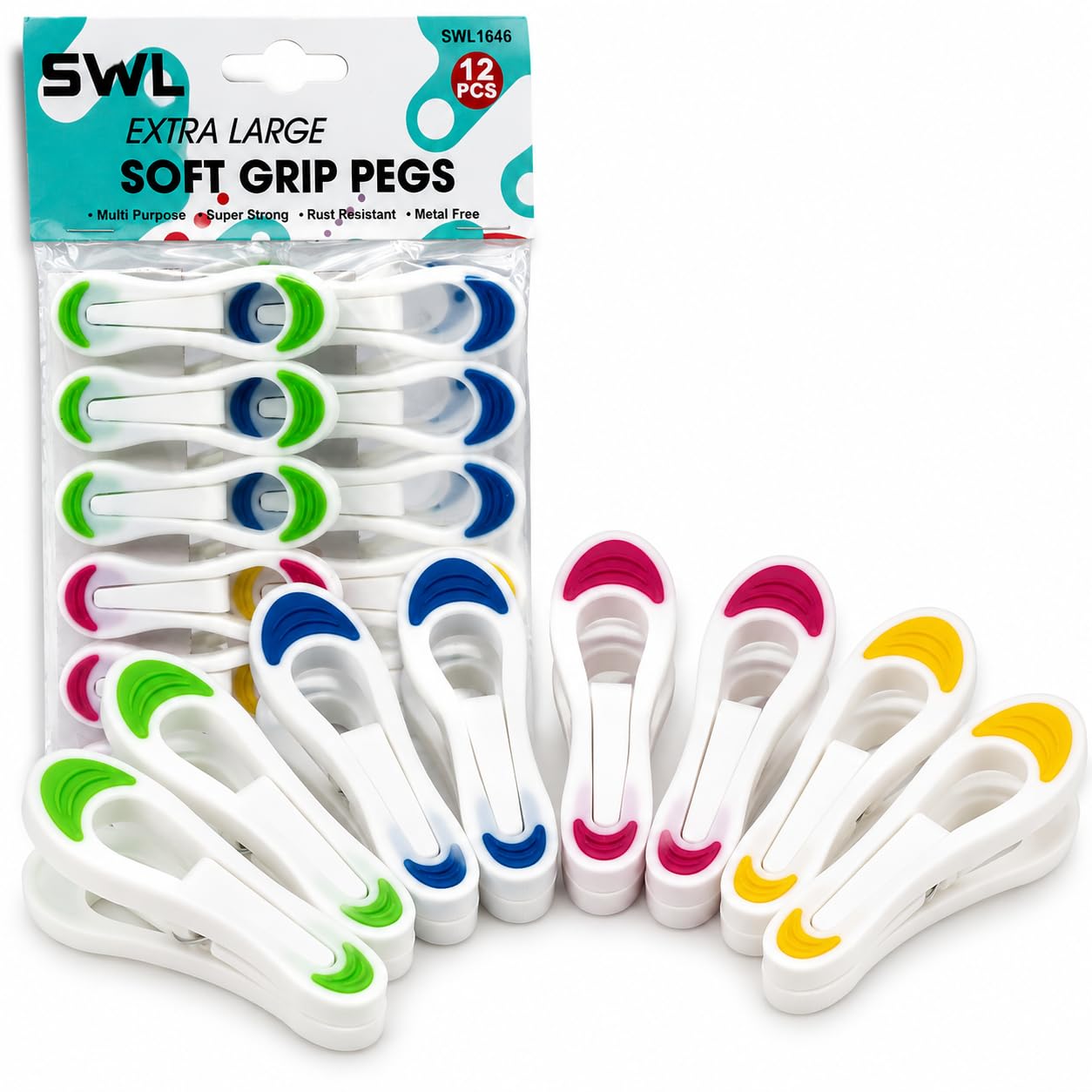 Swl Multicolor Extra Large Soft Grip Clothes Pegs – 12 Pack | Heavy-Duty Plastic Laundry Pegs With Non-Slip Grip | Rust-Resistant, Metal-Free Pegs For Towels, Bedding & Jeans | Ideal For Indoor & Outdoor Drying