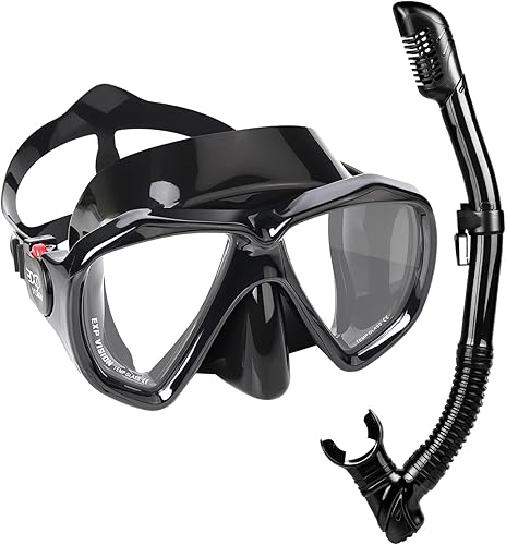 Adult Snorkel Set, Professional Snorkeling Gear Panoramic Anti-Fog Diving Goggles and Dry Snorkel Tempered Glass Scuba Mask for Diving, Snorkeling