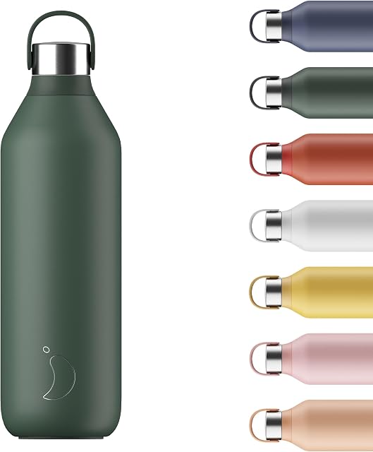 Chilly's Series 2 Bottle - Stainless Steel Thermal Bottles with Double Wall Vacuum, Soft Collar & Carry Loop - Pine Green, 1000ml