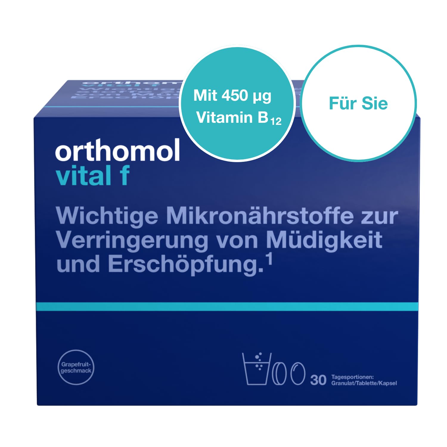 Orthomol Vital f für Frauen - bei Müdigkeit - mit B-Vitaminen, Omega-3-Fettsäuren, Magnesium - Granulat/Tabletten/Kapseln à 30 x Tagesportionen - Grapefruit-Geschmack
