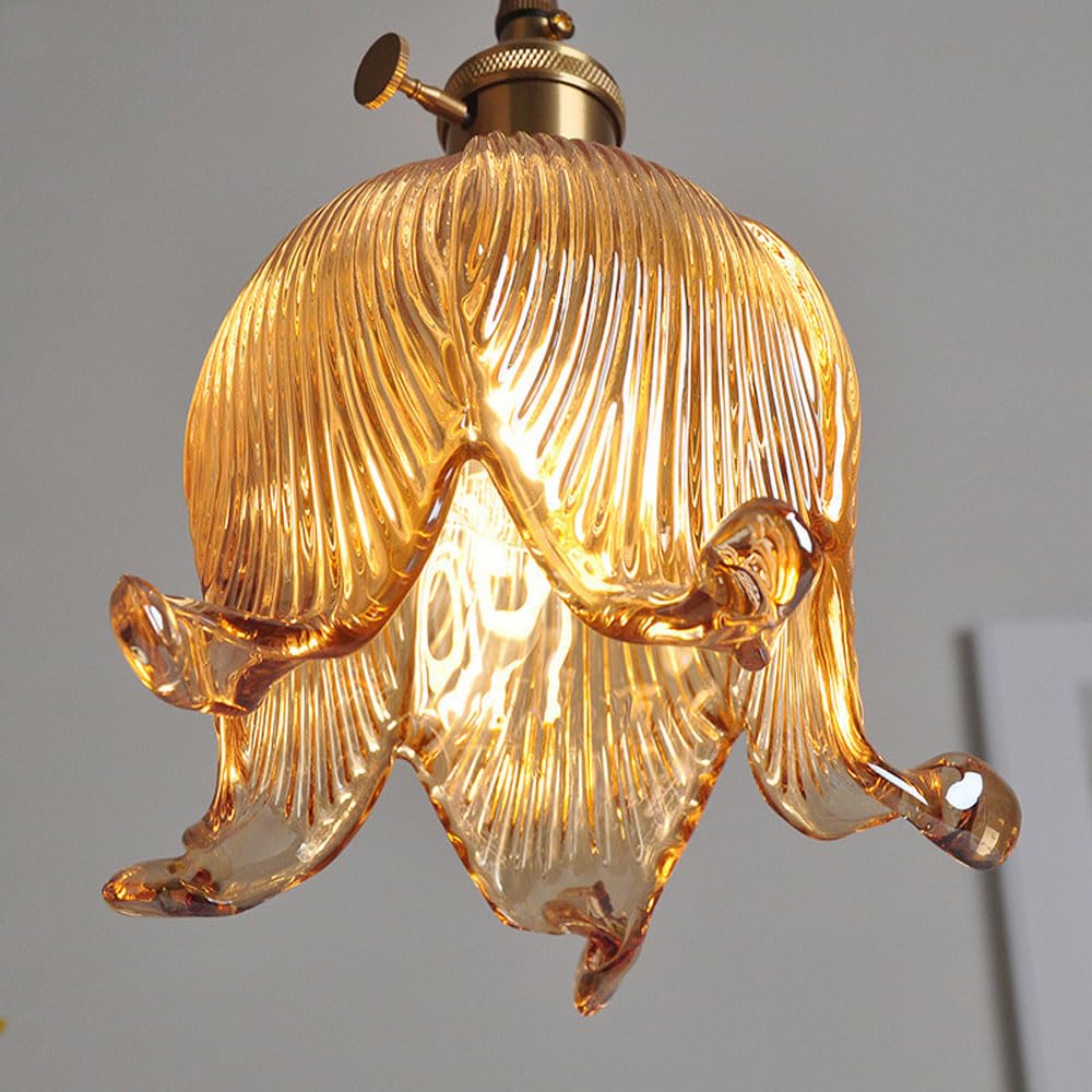 Bursztynowa lampa wisząca w kształcie kwiatu z kloszem szklanym, żyrandol w stylu retro nordyckim, podstawa E26/E27, mosiężny uchwyt lampy wiszącej 39 cali, regulowany do jadalni,