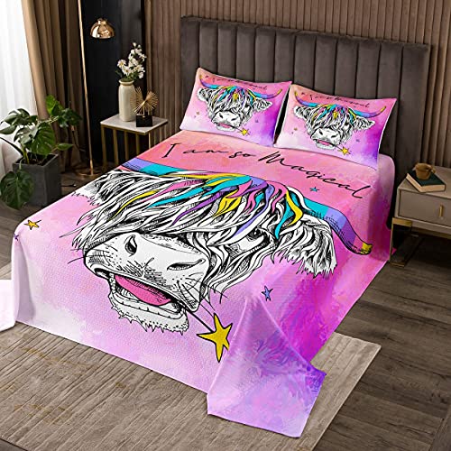 Juego de ropa de cama de vaca Highland para niñas, colcha acolchada de ganado rosa para niños, bebé, niña, ultra suave, mágica, animal de granja, juego de colcha morada, tamaño doble acolchado