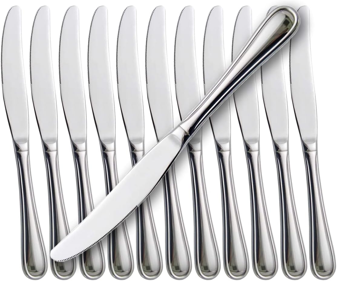 faderic Dinner Knives 12pcs Set with Hollow Handle Table Knife Flatware Stainless Steel Mirror Polishing 9-Inch Silver