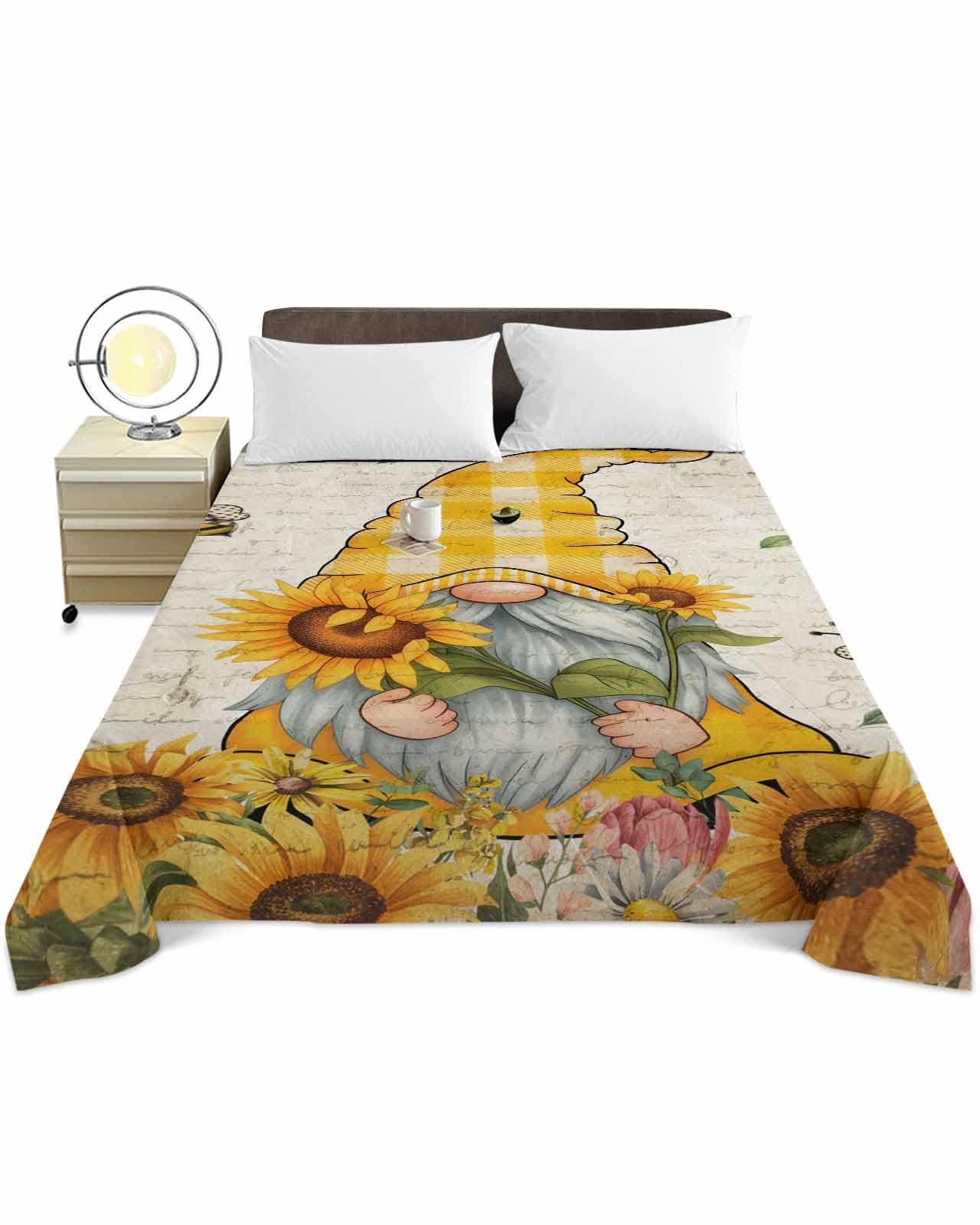 Queen Size Top Sheet Only, Gnome Farm Sunflower Cute Bee Flat Sheet Microfiber Breathable Soft Bed Sheets, Vintage Letter Background Hotel Bedding Flat Sheets for Bedroom