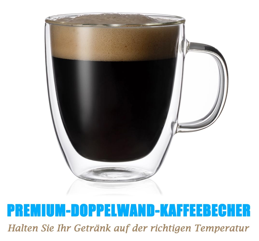 Großes transparentes Kaffeebecher-Set, 560 ml, Bistro-Doppelwand-Jumbo-Tasse mit großem Griff, ideal für Latte, Cappuccino und Saft, BE026