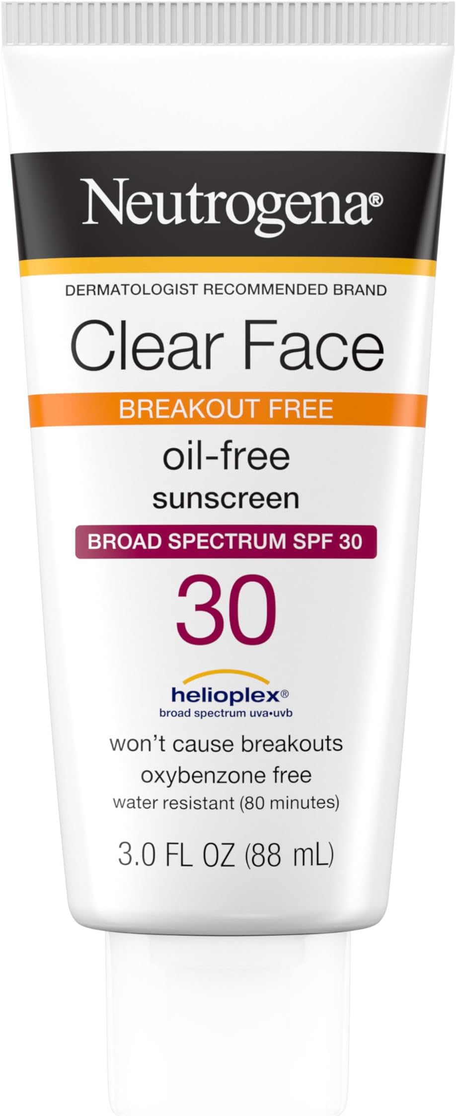 Neutrogena Clear Face Sunscreen for Acne-Prone Skin SPF 30, Broad Spectrum Facial Sunscreen Lotion, Lightweight, Non Comedogenic, Oil-, Fragrance- & Oxybenzone-Free Water Resistant (80 min), 3 fl. oz