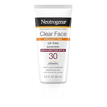 Neutrogena Clear Face Sunscreen for Acne-Prone Skin SPF 30, Broad Spectrum Facial Sunscreen Lotion, Lightweight, Non Comedogenic, Oil-, Fragrance- & Oxybenzone-Free Water Resistant (80 min), 3 fl. oz
