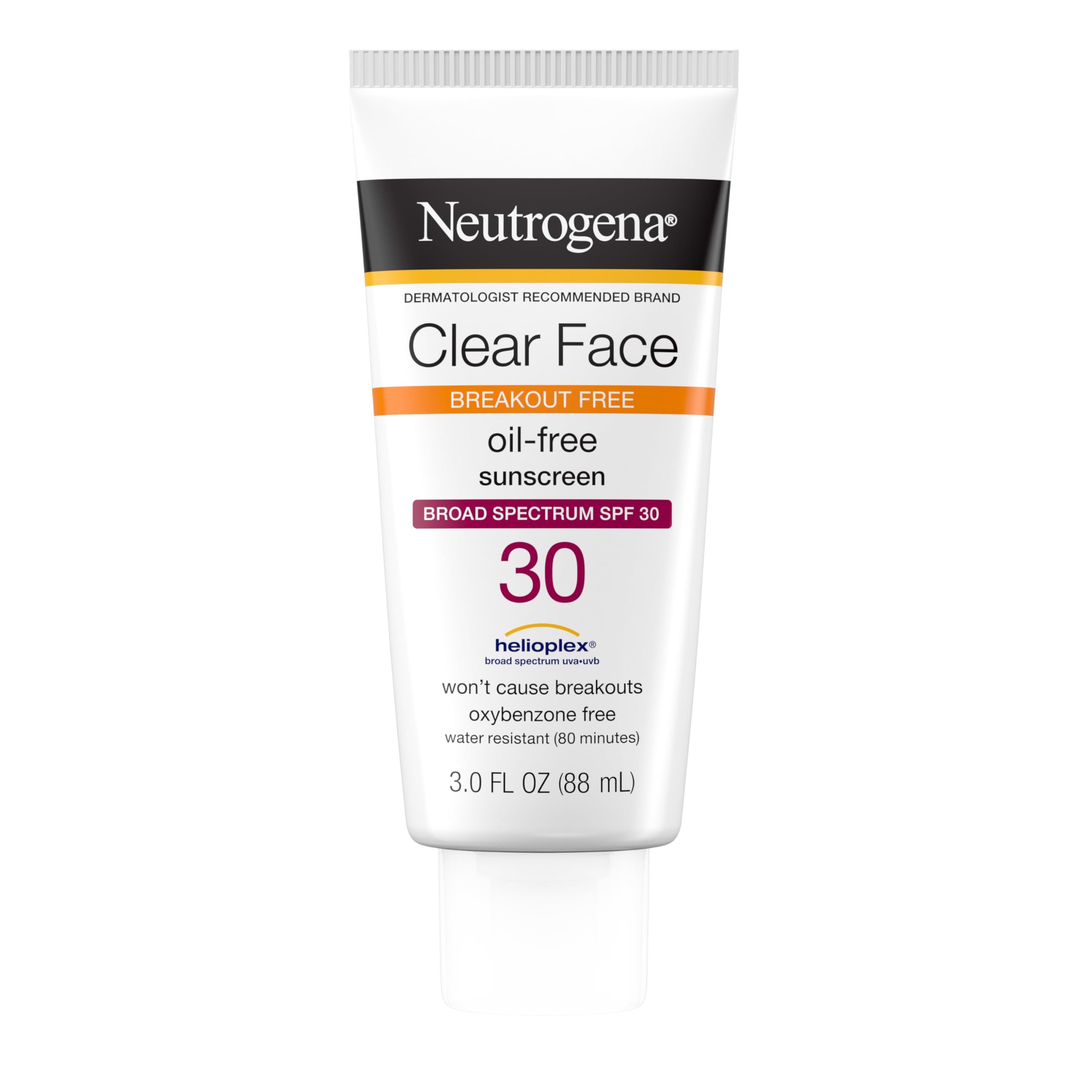 Neutrogena Clear Face Liquid Sunscreen for Acne-Prone Skin, Broad Spectrum SPF 30 Sunscreen Lotion with Helioplex, Oxybenzone-Free, Oil-Free, Fragrance-Free; Non-Comedogenic, 3 fl. oz
