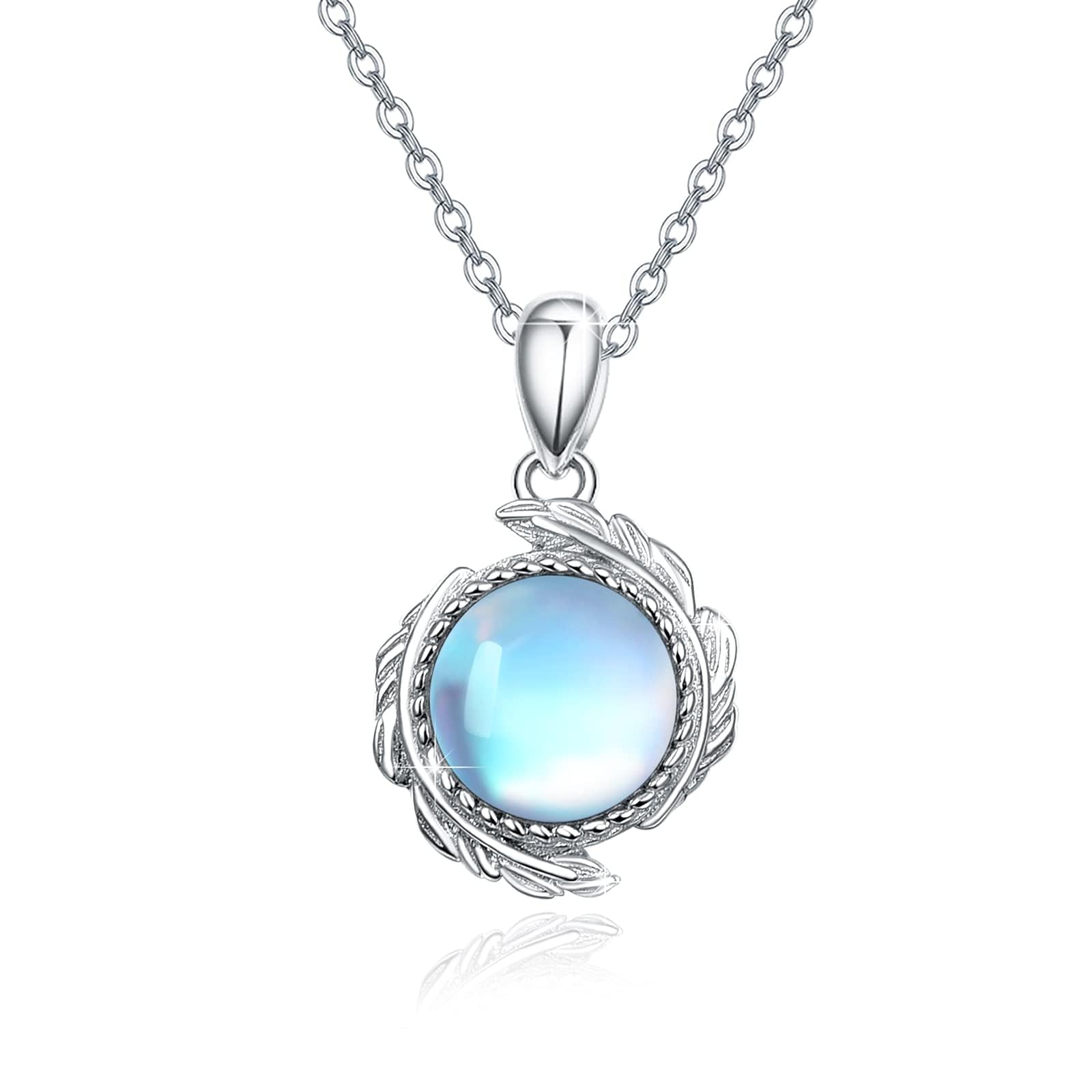 OHAYOO Halsketting met maansteenveren, 925 sterling zilver, blauwe maansteenveer, hanger, ketting, regenboog, maansteen, veer, sieraden, geschenken voor vrouwen en meisjes, Sterling zilver