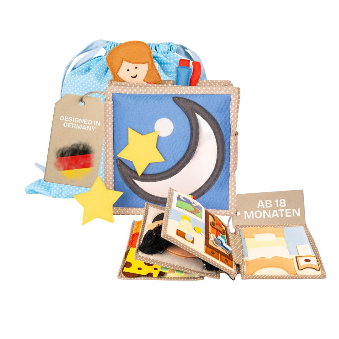 Jolly Designs Quiet Book Mondschein – Montessori Spielzeug ab 18 Monaten – Sensorisches Stoffbuch für Kinder – Handgemachtes Busy Book aus Filz – Lernspielzeug & Reisespielzeug