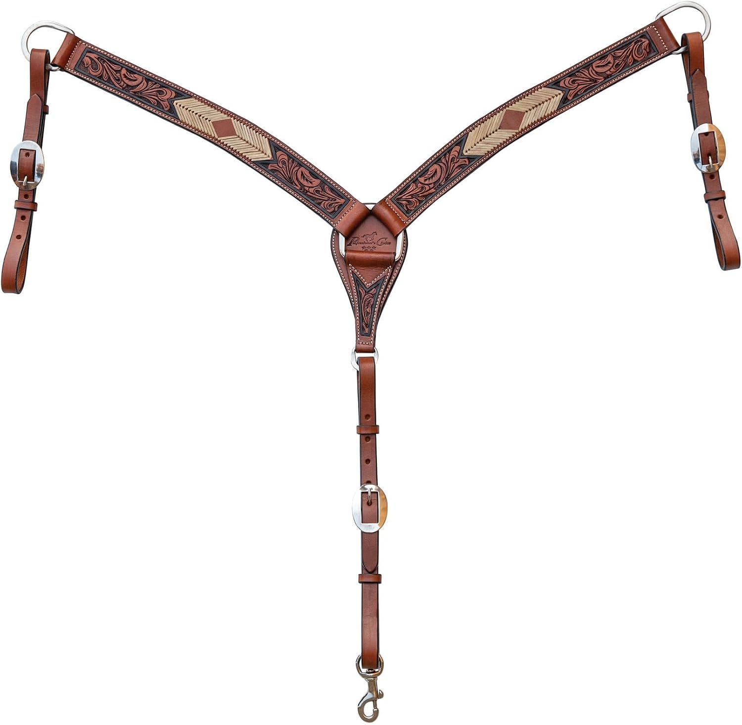 PROFESSIONAL'S CHOICE Natural Arrowhead Rawhide 1 3/4in Tapered Breast Collar - Black Leather & Tan Leaf Tooling (3P6012-T)