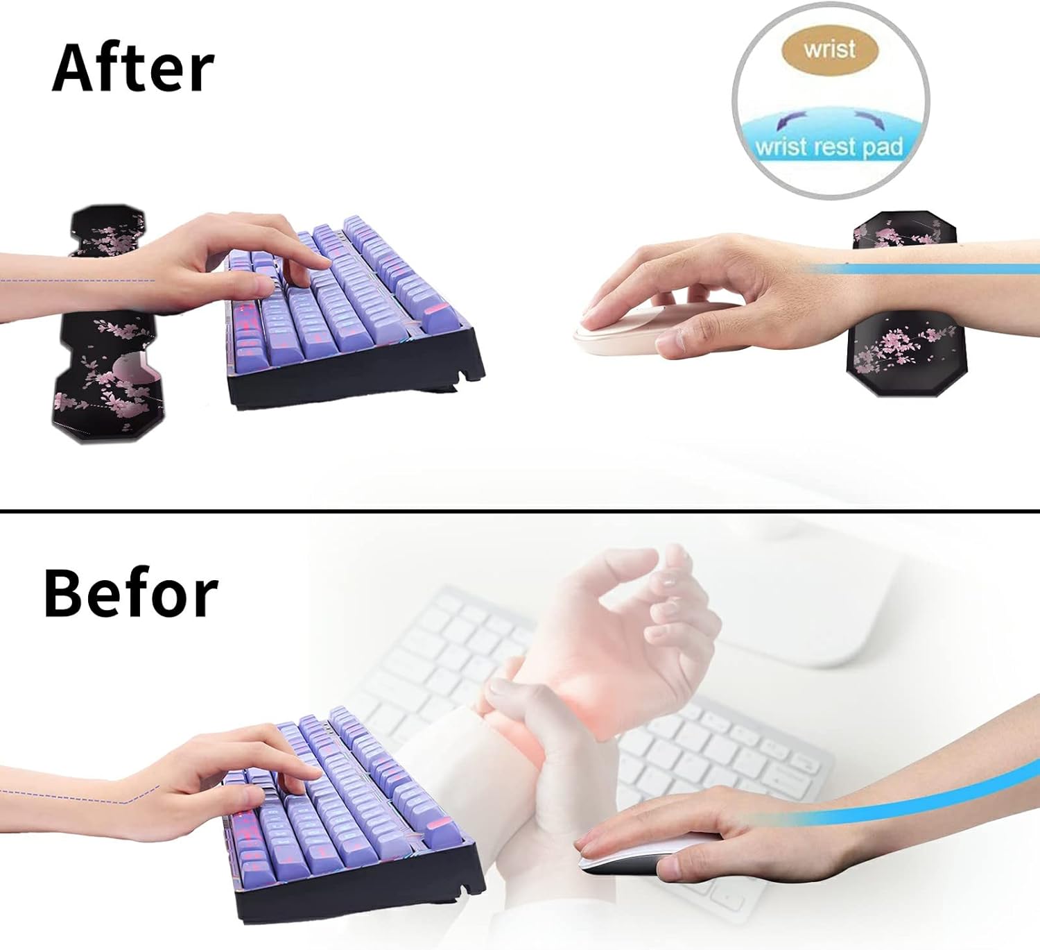 Keyboard Mouse Pad Set,Large Mouse Pad + Keyboard Wrist Rest + Mouse Wrist Rest + Coaster,4Pcs(31.5×11.8 in) XL Desk Mat，Ergonomic Memory Foam,Easy Typing Pain Relief,Sakura Cherry Blossom