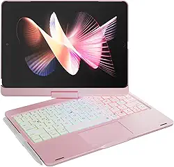 doqo Capa para iPad 9ª geração com teclado 10,2 polegadas 2021, capa de teclado para iPad 8ª 7ª geração, iPad Air 3, Pro 10.5 com trackpad multitoque, luz de fundo de 7 cores, rotação de 360° rosa