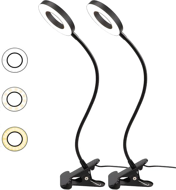  2-PackLED Clip Light, Desk Clamp Lamp 10 Dimmable Brightness 3 Light Modes Flexible Gooseneck Bedside Lamp for Reading, Painting, Craft, Sewing, Work