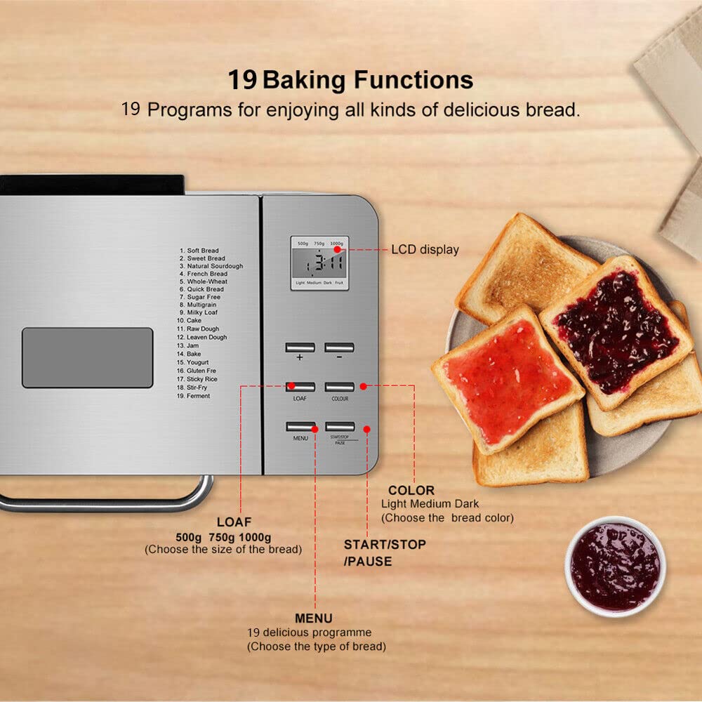 Brotbackautomat, 650W Brotbackautomaten Edelstahl, Brotbackmaschine 19 Programme 1000g Bread Maker für die Küche zu Hause, im Wohnwagen, beim Camping, Partys