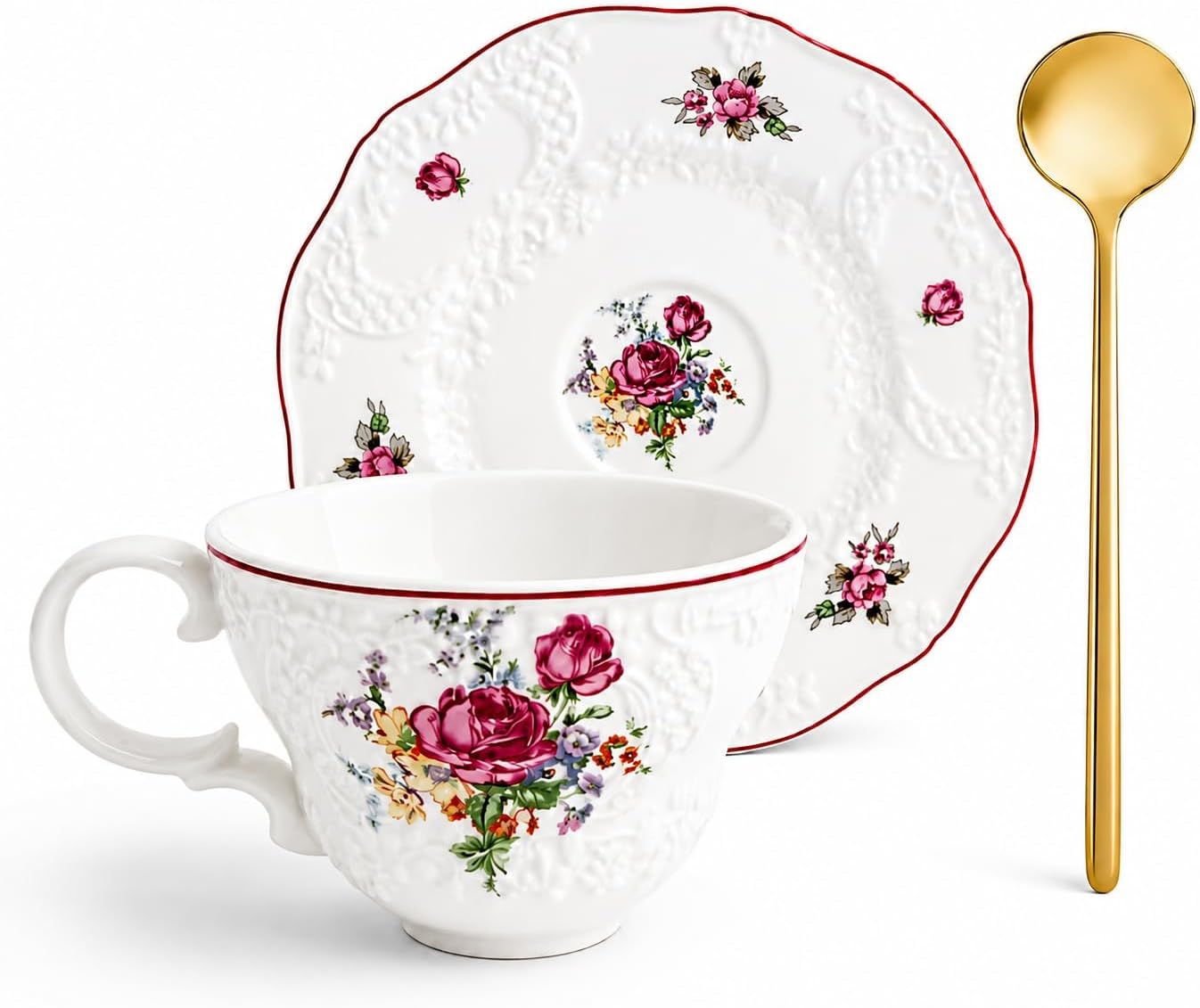 Floral Tea Cup and Saucers, 8 Oz Vintage Ceramic Tea Cup Set