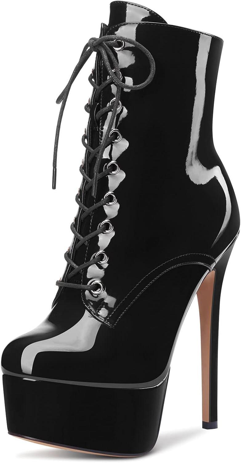 Aachcol Women Ankle Boots Short Bootie Platform Stiletto High Heel Round Toe Dress Shoes Lace-up Patent 6.5 Inch