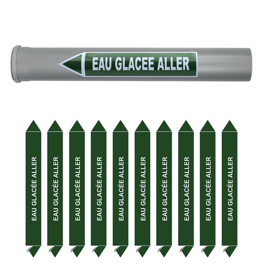 Planche de 10 marqueurs de tuyauterie EAU (Ø DM 32 à 60) pour fluide EAU GLACEE ALLER / 200 x 26mm