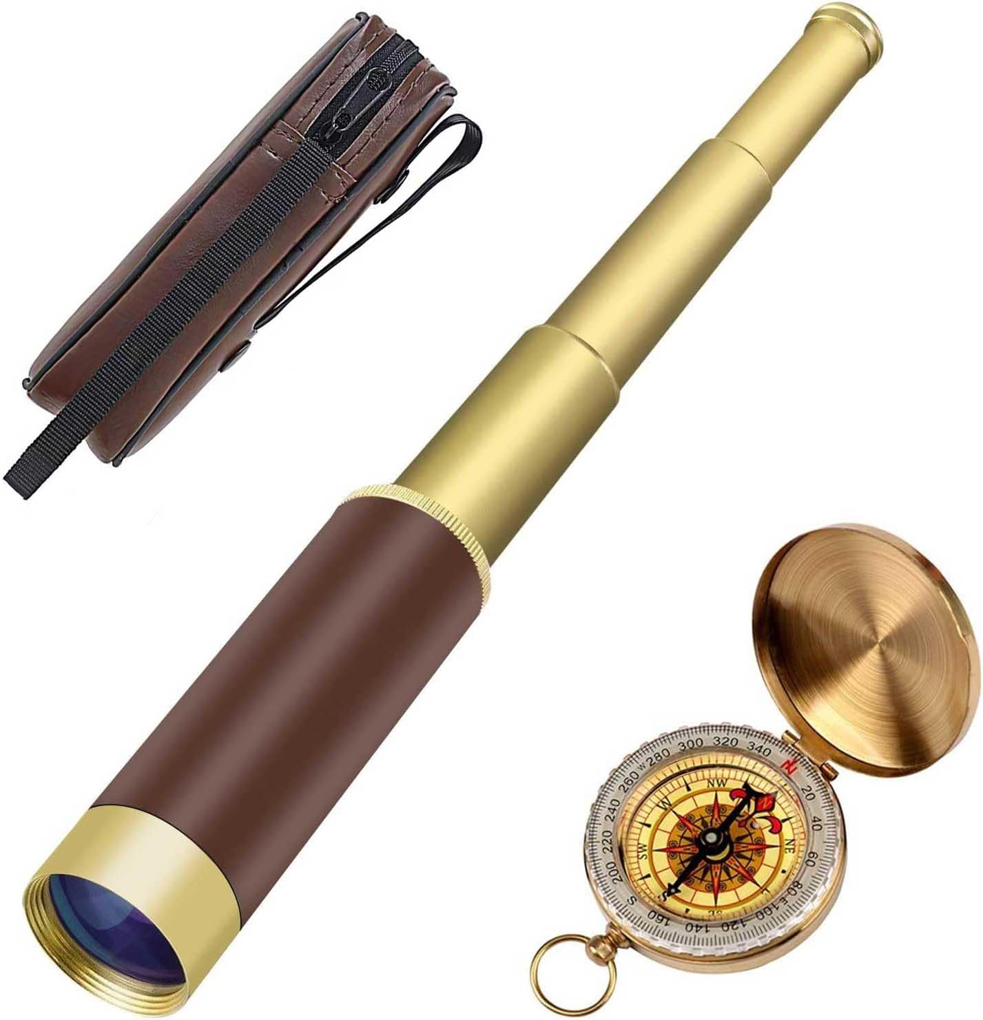 Aubric Retro Pirate Telescope Zoomable 25x30 Spyglass Portable Collapsible Handheld Telescope Vintage Monocular for Kids & Survival Gear Compass Pocket Military Compass for Camping Boating