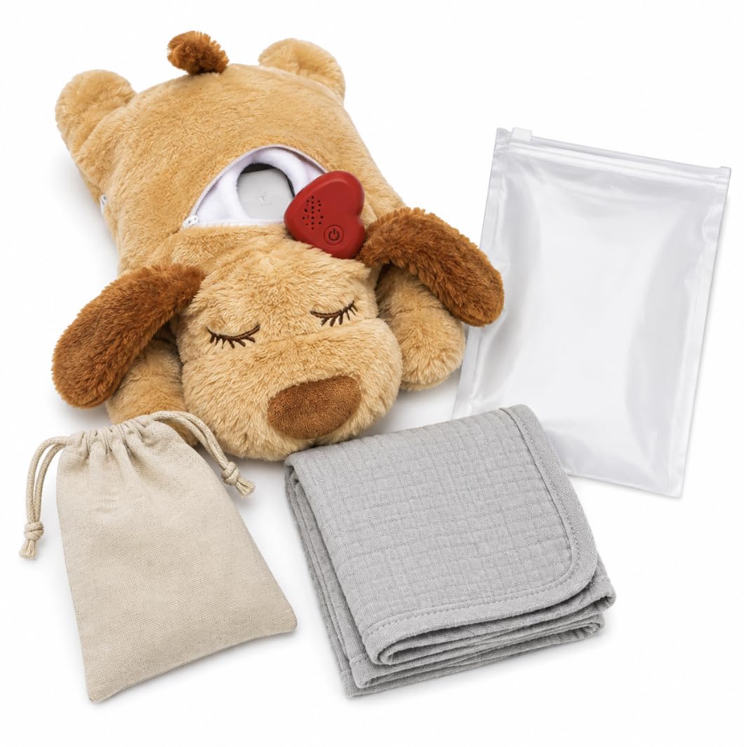 Trendy Pet Puppy Transition System with USB Rechargeable Heartbeat Toy, Scent Blanket and Storage Bags for New Puppies (Tan)