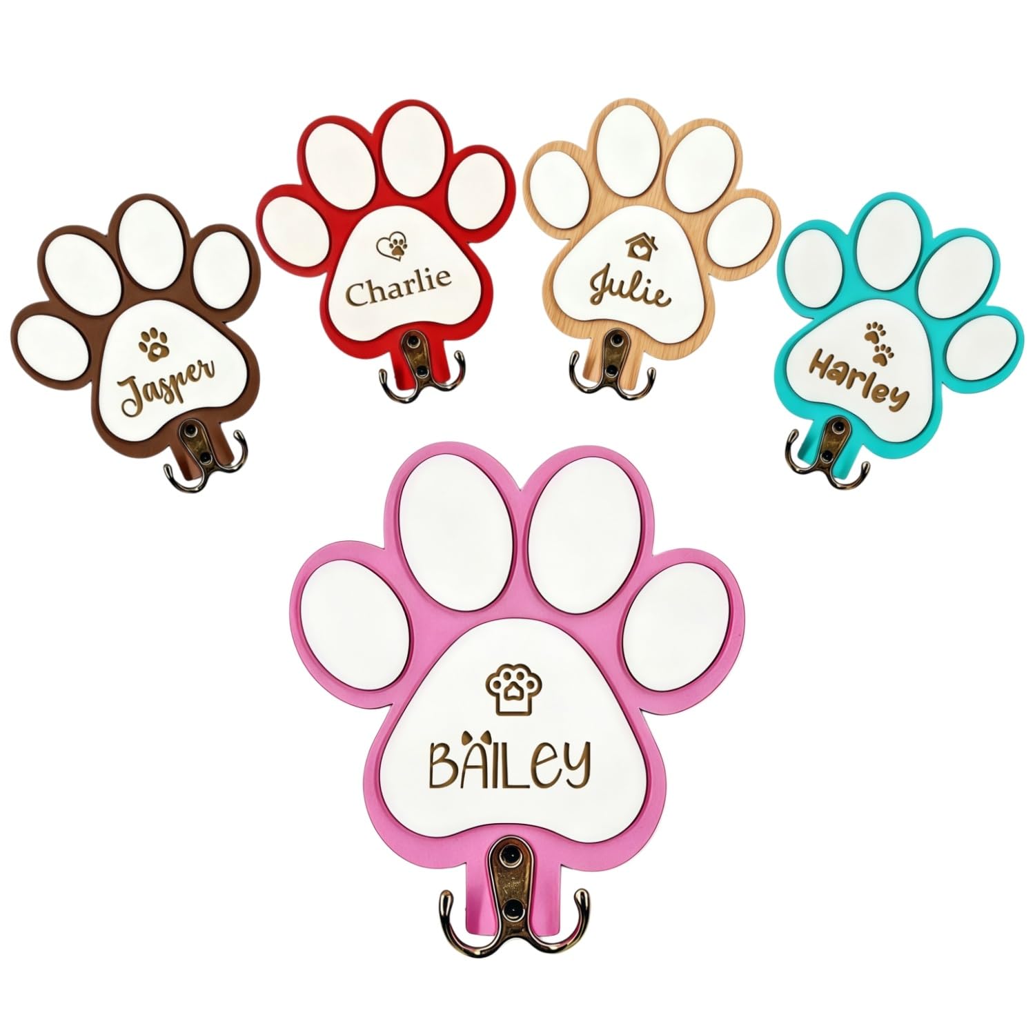 Bfbzyme Pink Personalized Dog Leash Holder Wall Mount, Custom Engraved Wood Paw Hanger, Entryway Key Rack Collar Harness Organizer Hook Gift For Pet Lovers(Pink)