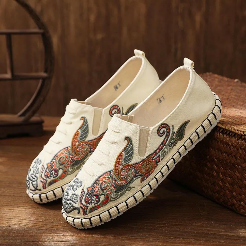ZBDP - Espadrillas da uomo in tela, fatte a mano, stile giapponese, comode, scarpe da guida ricamate, Modello 1 Bianco, 41 1/3 EU