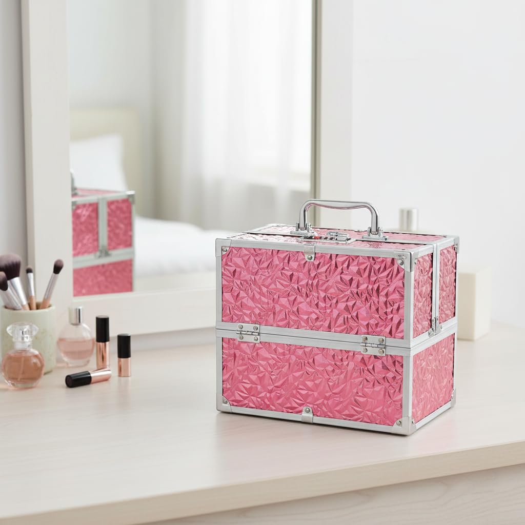 Adson Professional Makeup Box Cosmetics Case Jewelry Organiser Vanity Make Up Storage Box Beauty Train Case Lockable with Keys (Diamond Glow Pink) 4