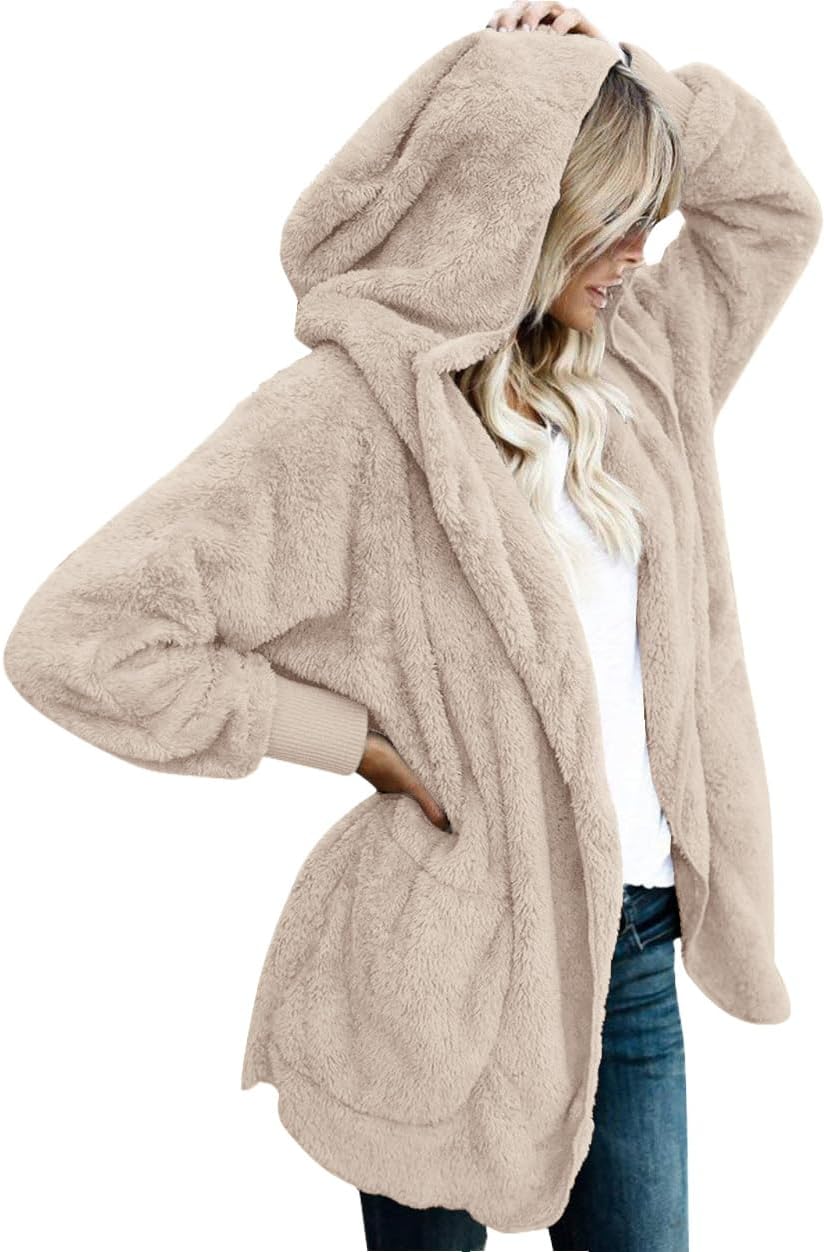 CHICGAL Womens Fuzzy Jacket Hooded Cardigan Open Front Sherpa Coat Outwear with Pockets
