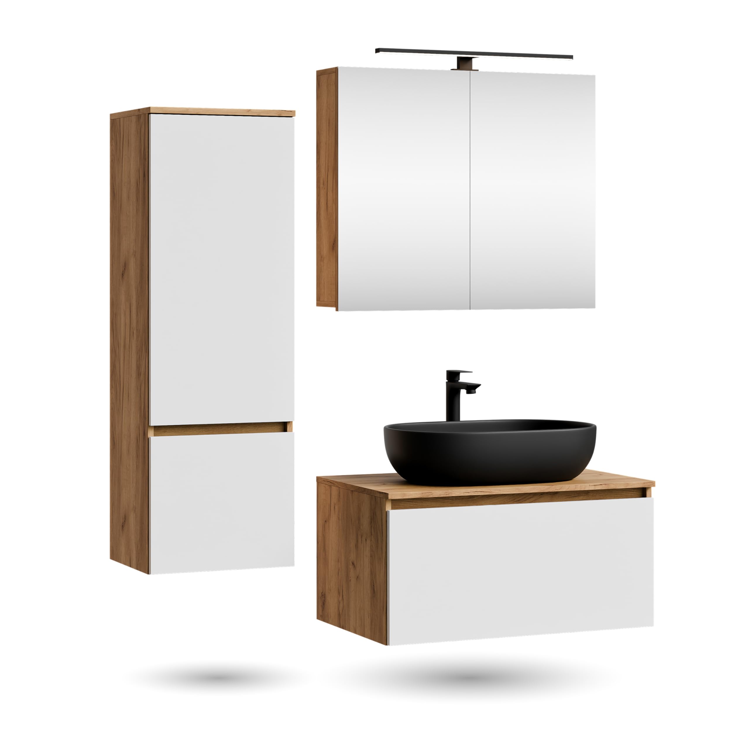 Planetmöbel Arisa Badmöbel Set Waschtisch mit Unterschrank 80 cm Gold Eiche weiß mit ARIA Spiegelschrank und Hochschrank, Waschbecken 60 cm schwarz, inkl. Raumsparsiphon